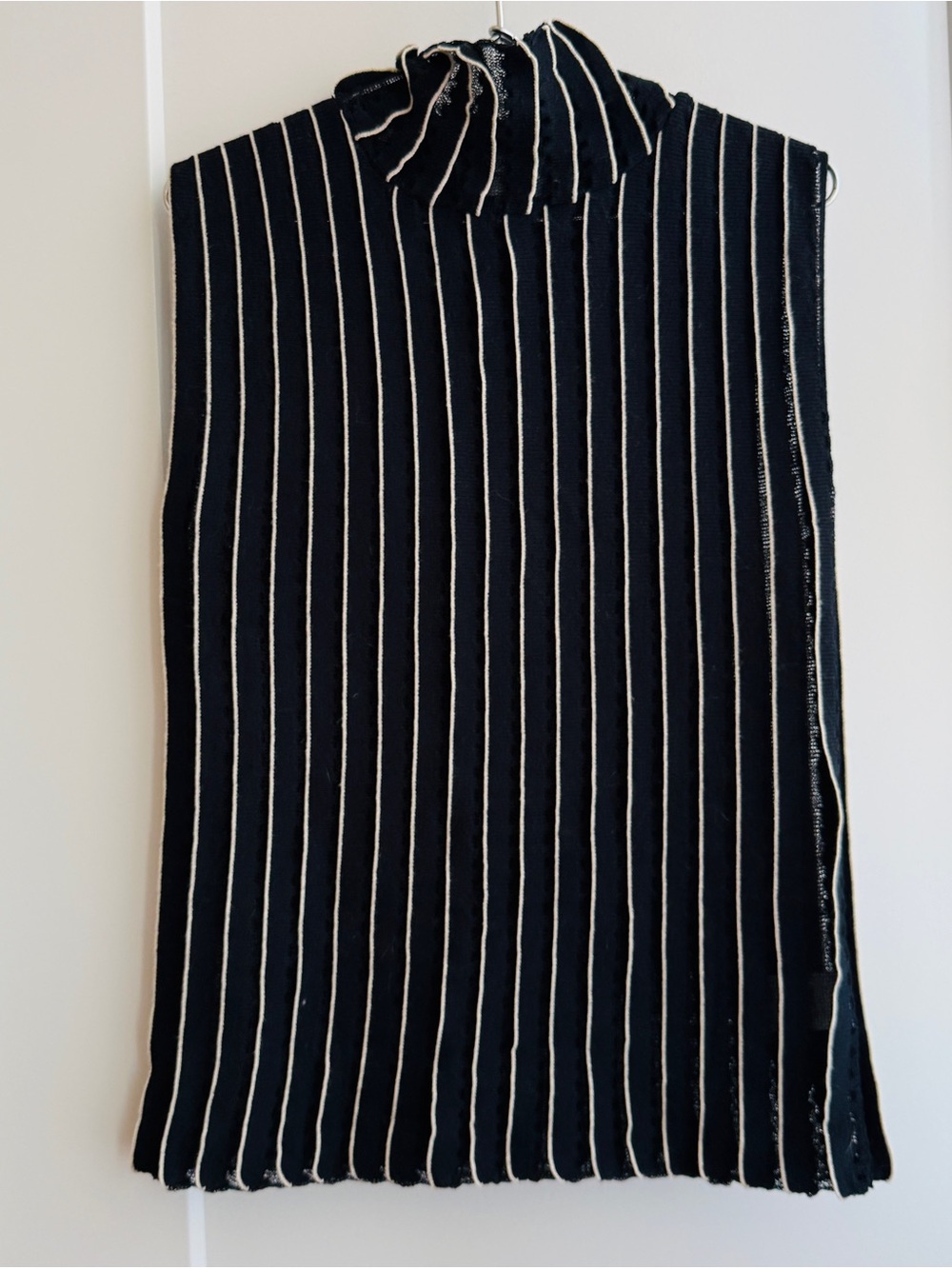 Carven Black & White Striped Sleeveless Knit Mock Neck Top